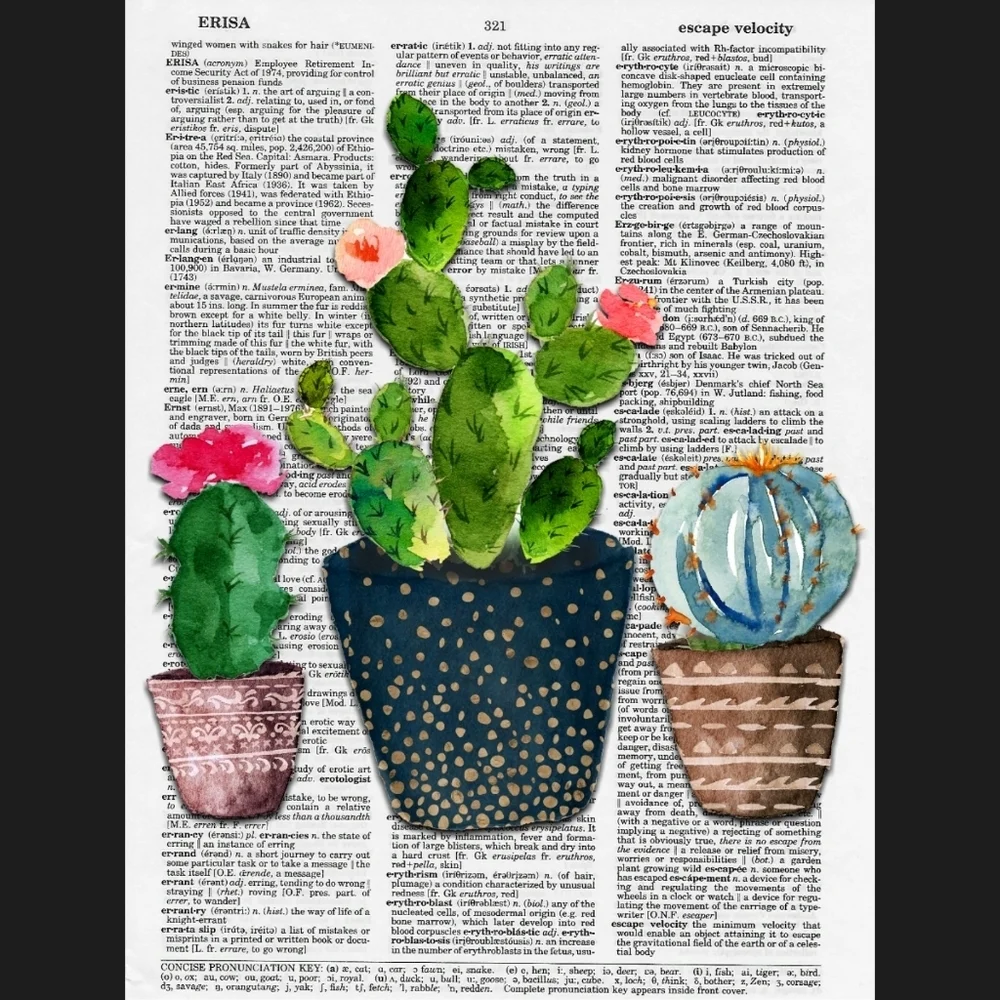 Cactus Trio Dictionary Art Print Home Decor